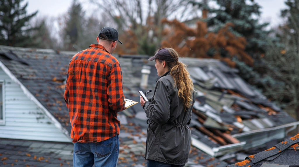 What Does A Public Adjuster Do? - A Female Public Adjuster Standing Outside With A Male Homeowner, Inspecting Roof Damage